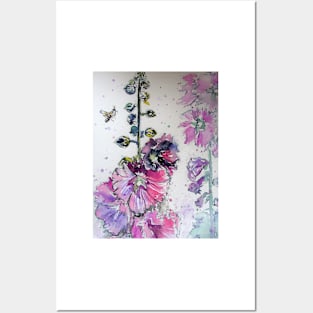 Pink Hollyhock Flowers and Bee Watercolor Posters and Art